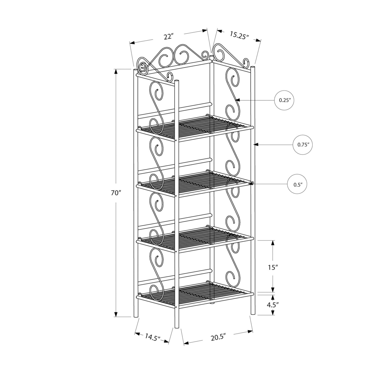 Monarch Specialties 2103 Bookshelf, Bookcase, Etagere, 4 Tier, Office, Bedroom, Metal, Brown, Traditional Bookcase-70 H/Copper, 22&quot; L X 15.25&quot; W X 70&quot; H