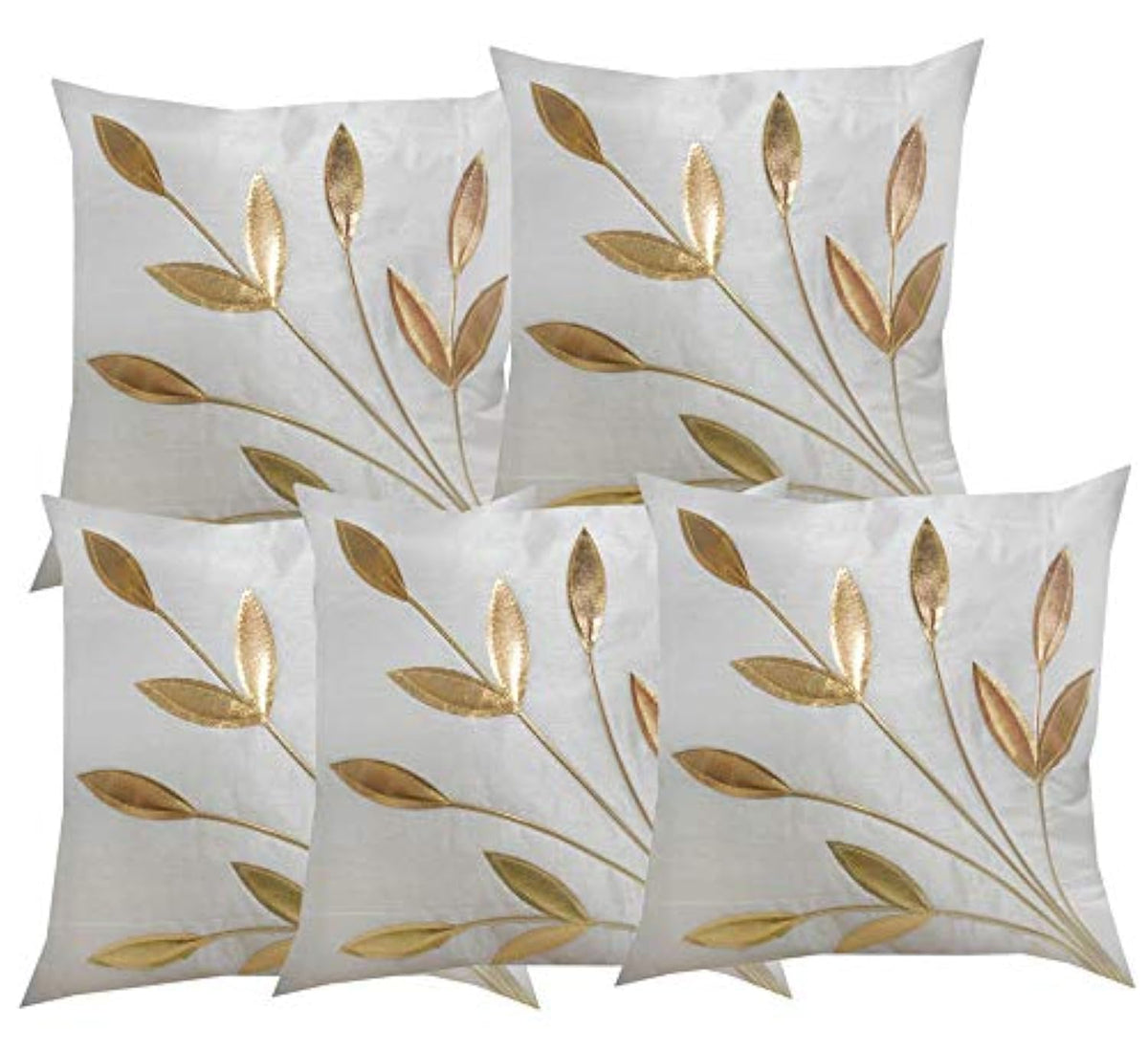 Monk Matters Golden Leaves Design Dupion Silk Cushion Cover Size 16X16 Inches/40X40Cms White Color (Set Of 5 Pcs)