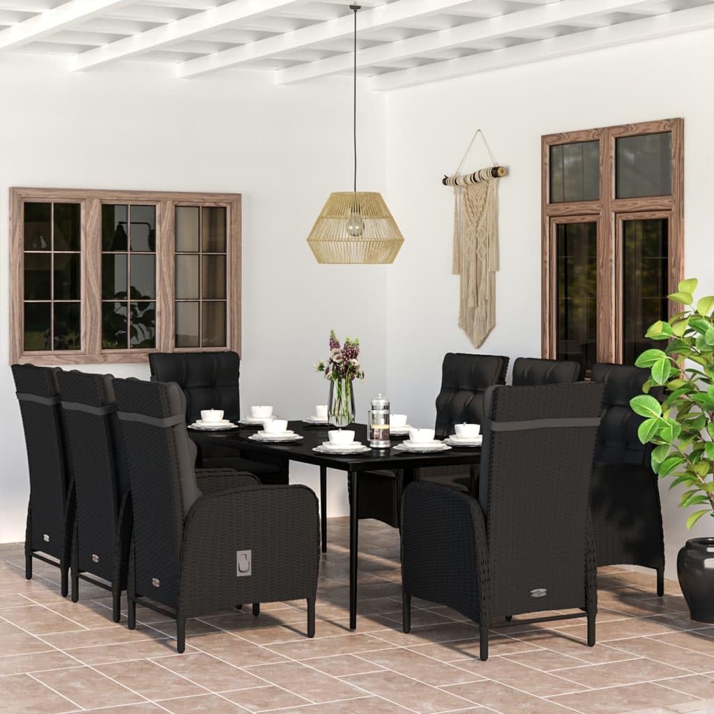 vidaXL Black Rattan 9-Piece Outdoor Dining Set with Cushions and Glass Tabletop - Rectangular Table and Chairs for Garden, Patio, Deck