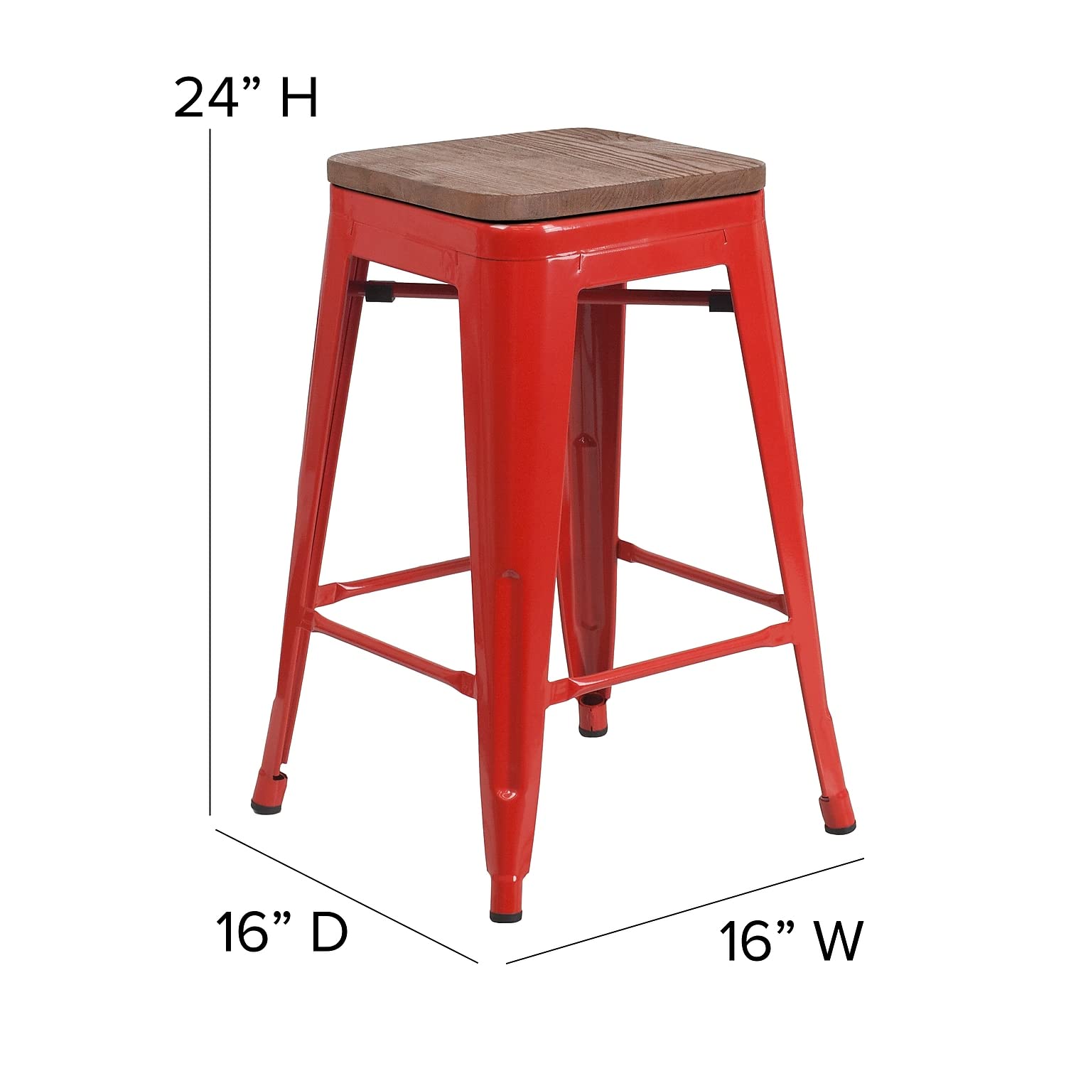 Flash Furniture Lily 24&quot; High Backless Red Metal Counter Height Stool with Square Wood Seat