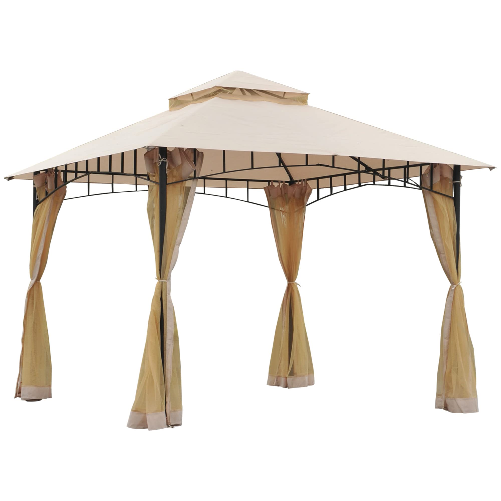 Outsunny 10' X 10' Outdoor Patio Gazebo Canopy Tent With Mesh Sidewalls, 2-Tier Canopy For Backyard, Beige