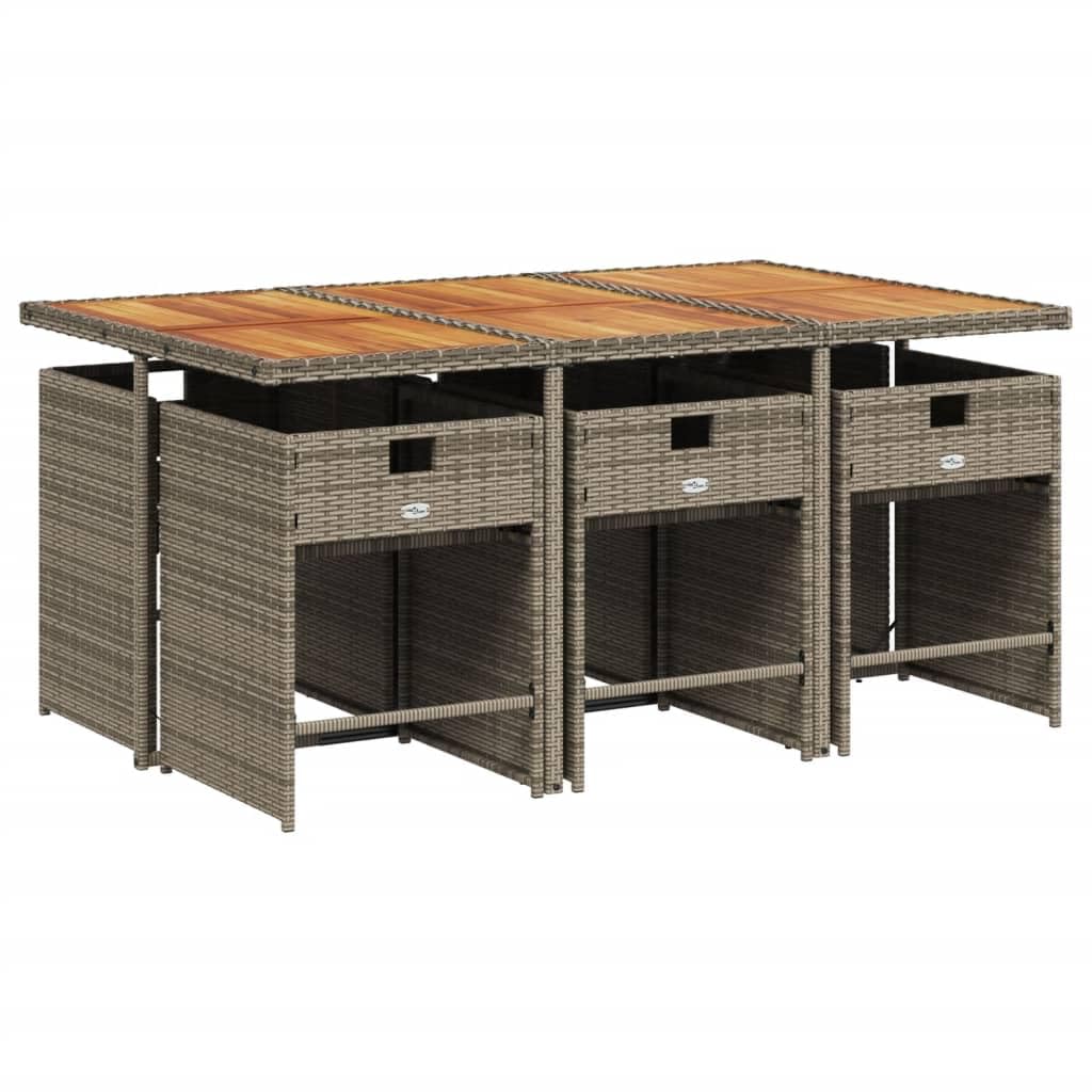 vidaXL Patio Dining Set with Cushions - Outdoor Furniture 7 Piece - Gray Poly Rattan and Acacia Wood for Garden, Backyard, Patio - Removable Covers - Compact Storage