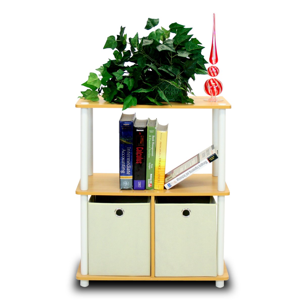 Furinno 99152BE/WH/IV 3-Tier Go Green Multipurpose Storage Rack Shelving Unit Bookshelf Cabinet with 2 Bins, Beech Finish
