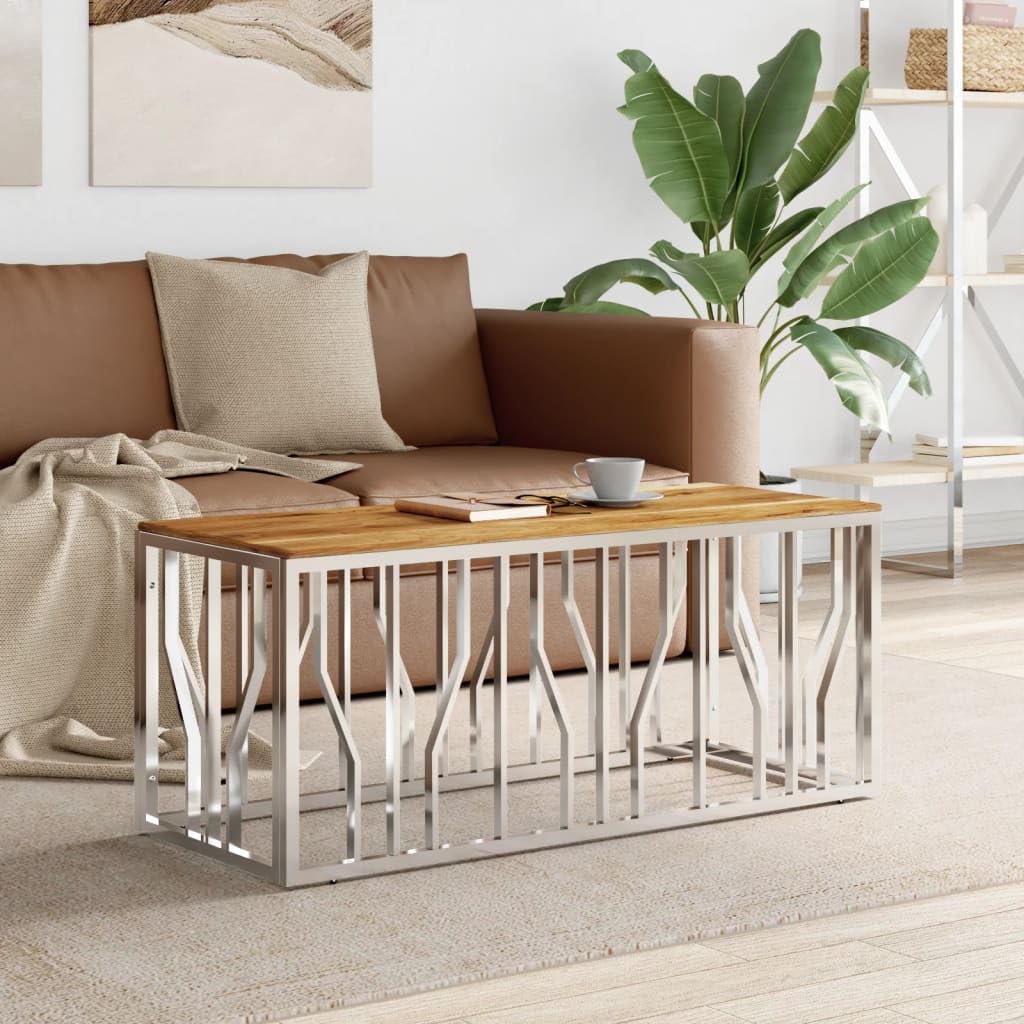 vidaXL Stainless Steel Wood Coffee Table - Modern Acacia Centerpiece Table, Silver/Brown, Easy Clean, 43.3x17.7x17.7 in