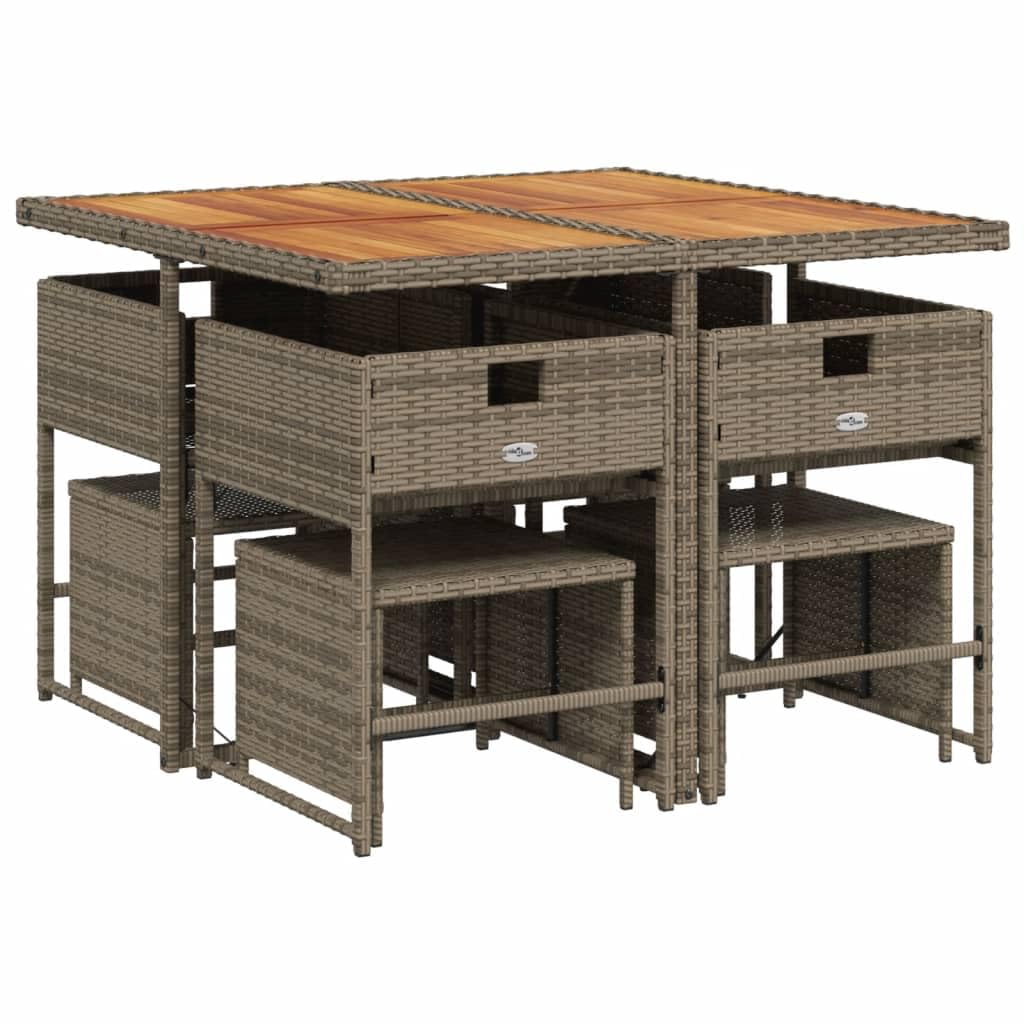 vidaXL Patio Dining Set with Cushions – 15 Pieces – Gray Poly Rattan Garden Furniture – Space-Saving Storage – Removable and Washable Covers – Outdoor Table and Chair Set – with Acacia Wood Top