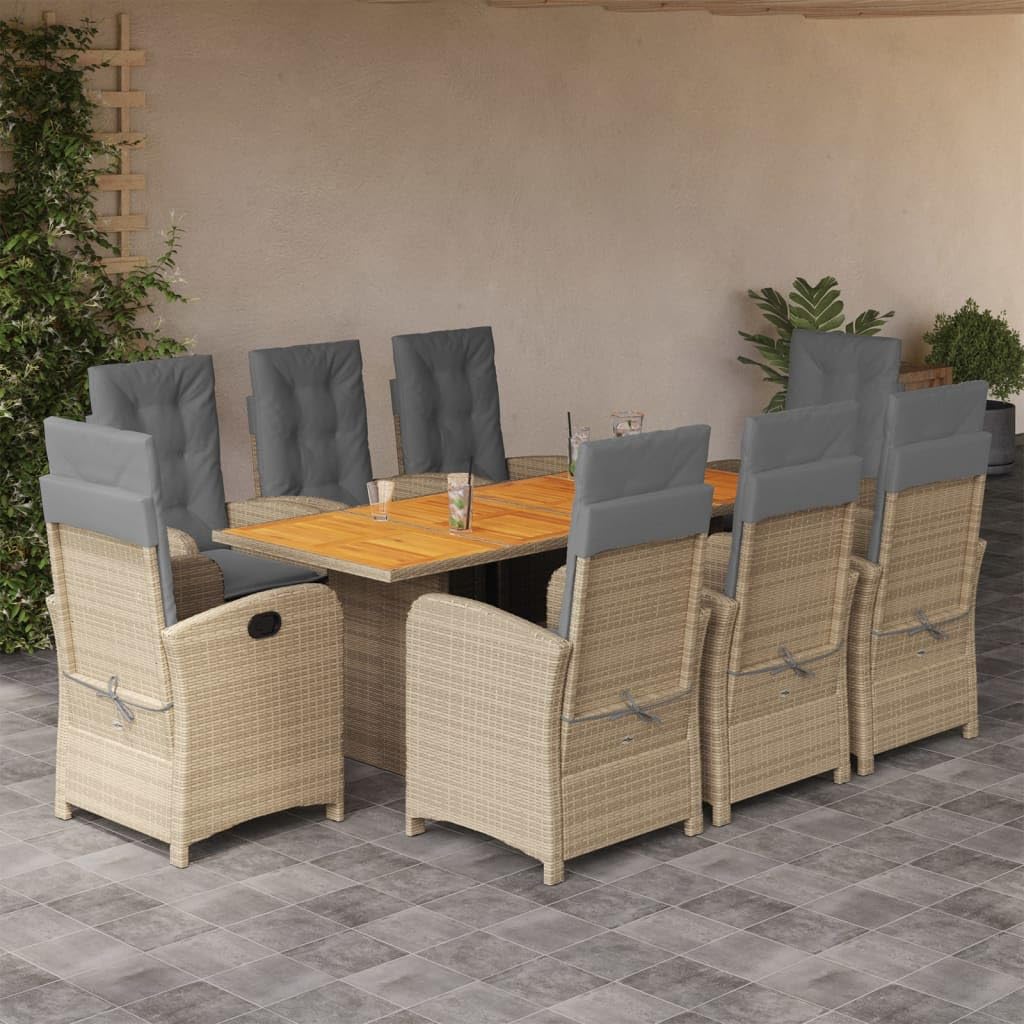 vidaXL 9-Piece Outdoor Patio Dining Set - Gray/Navy Poly Rattan with Foldable Chairs, Cushions, Acacia Tabletop for Garden/Deck