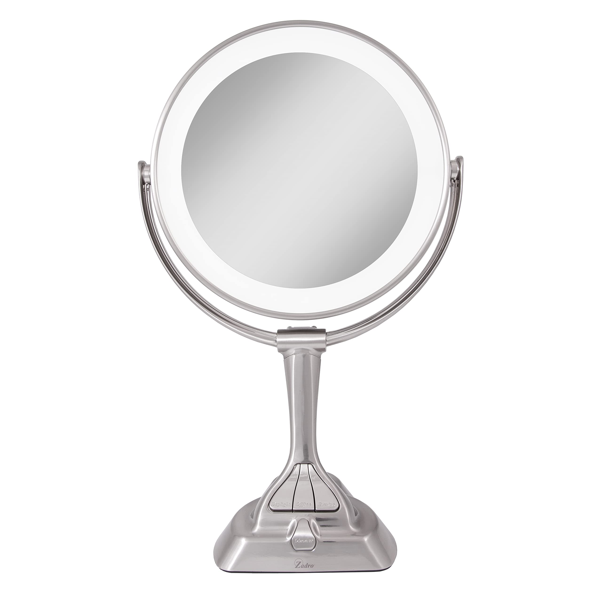 Zadro 9' Round Dimable 3 LED Light Color Dual-Sided Magnified Makeup Mirror, Touch Dimmer Control (Satin Nickel, 10X/1X)