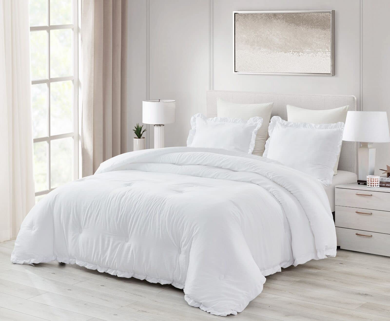 Chezmoi Collection Nora 3-Piece Ruffled Edge Trim Soft Washed Microfiber Comforter Set (King, White)
