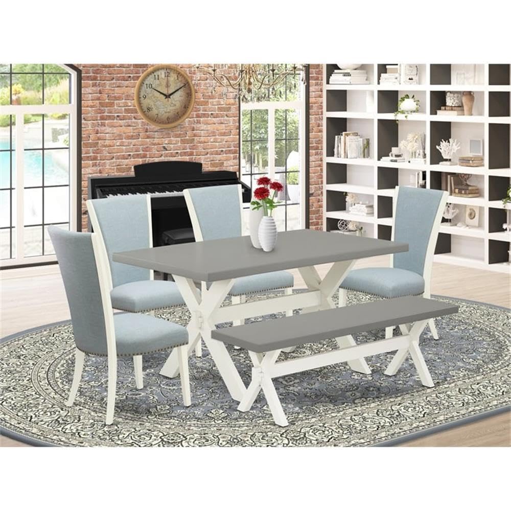 East West Furniture X096VE215-6 6 Piece Dinette Set Contains a Rectangle Dining Table with X-Legs and 4 Baby Blue Linen Fabric Parson Chairs with a Bench, 36x60 Inch, Multi-Color