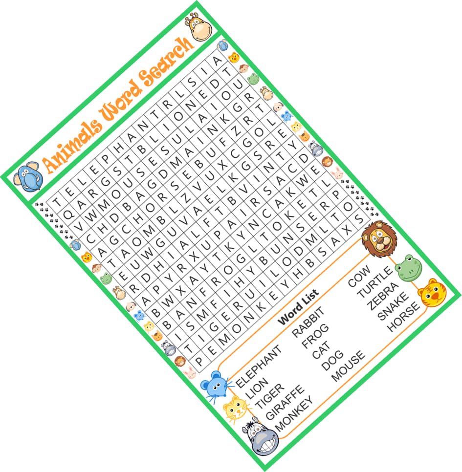 Wild Jungle Theme Animals Word Search Game 60 Cards with Solution Sheet Kitty Party Time Based Puzzle Activity Game