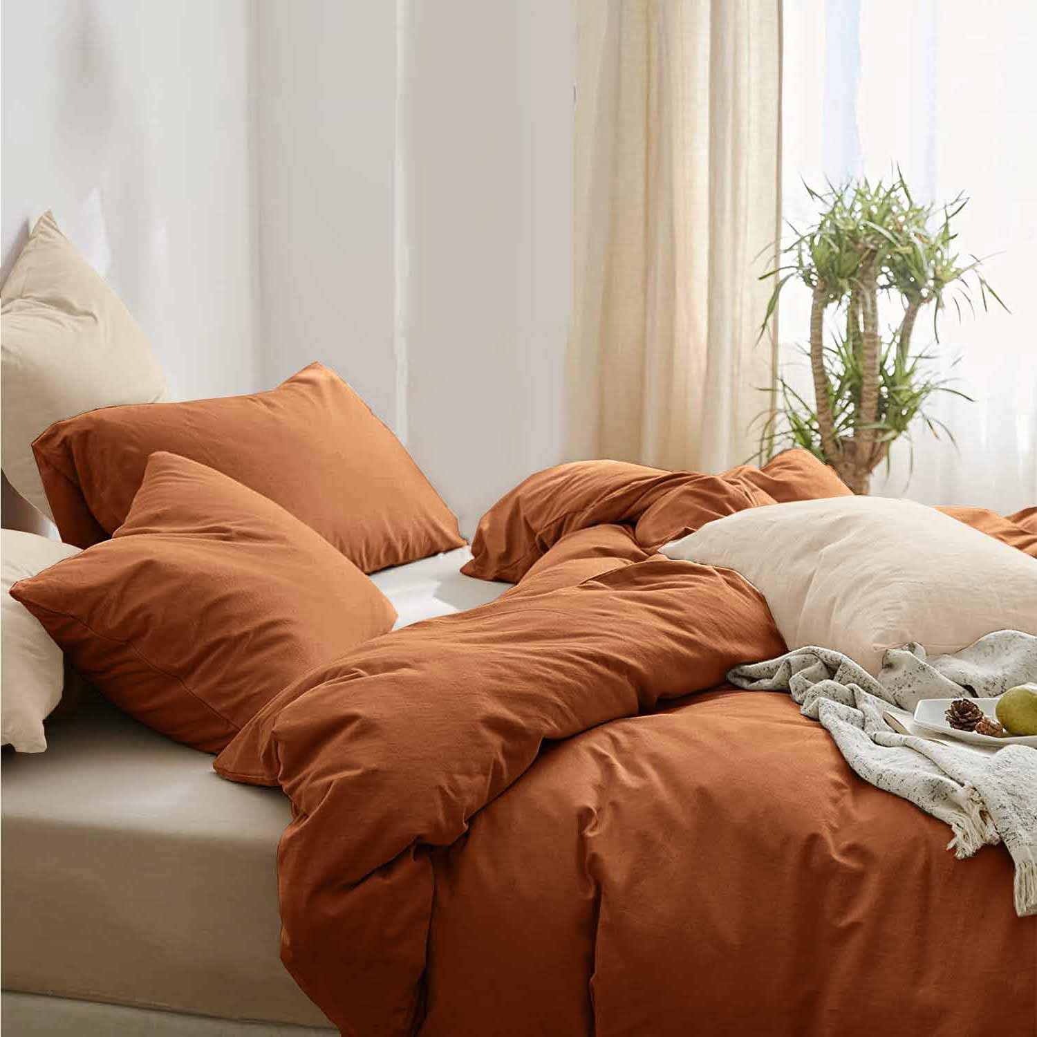Comforter Queen Size Burnt Orange, 3 Piece Boho Soft Terracota Modern Bedding Set, Lightweight Caramel Rust All Season Microfibe