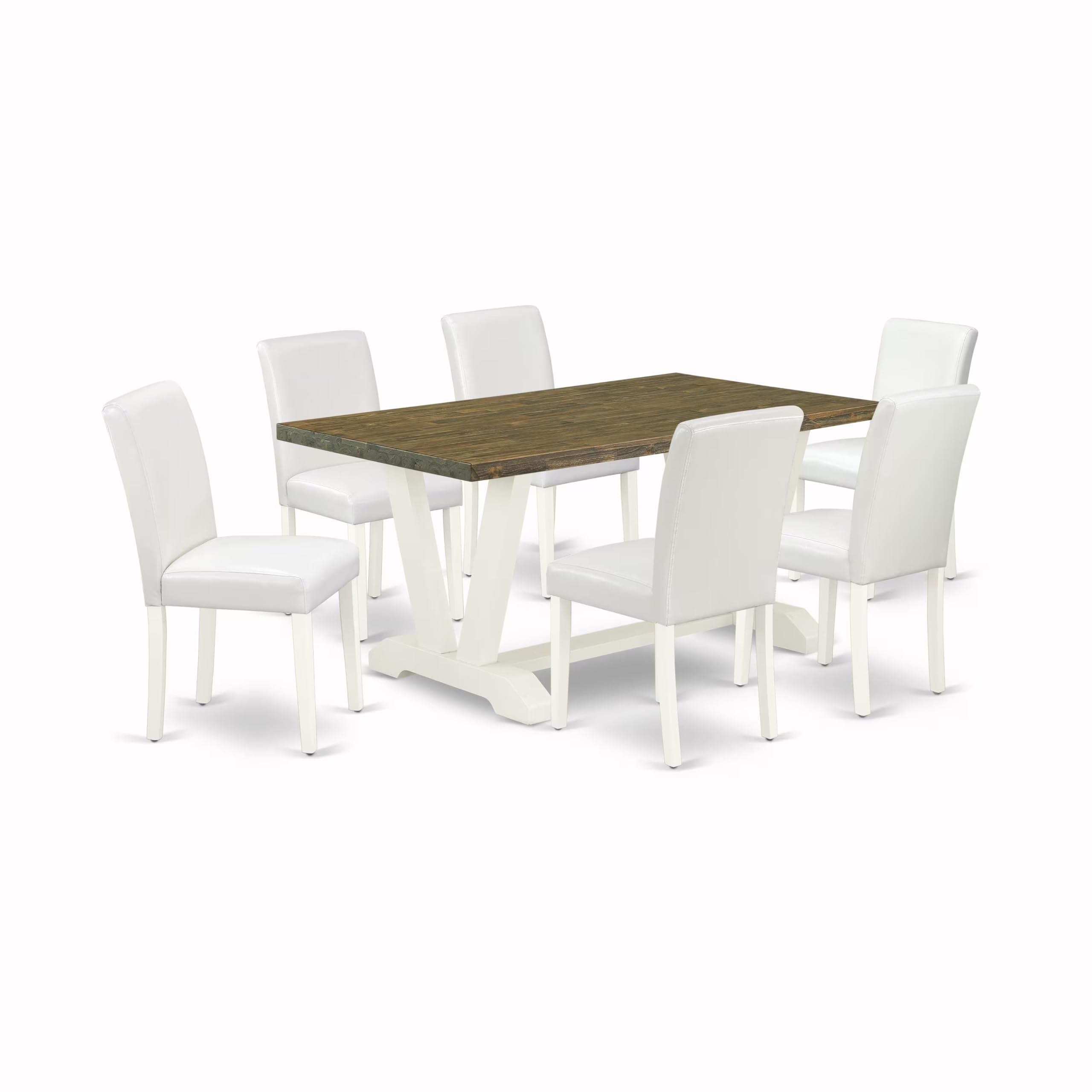 East West Furniture V076Ab264-7 7 Piece Dining Room Furniture Set Consist Of A Rectangle Dining Table With V-Legs And 6 White Faux Leather Upholstered Chairs, 36X60 Inch, Multi-Color