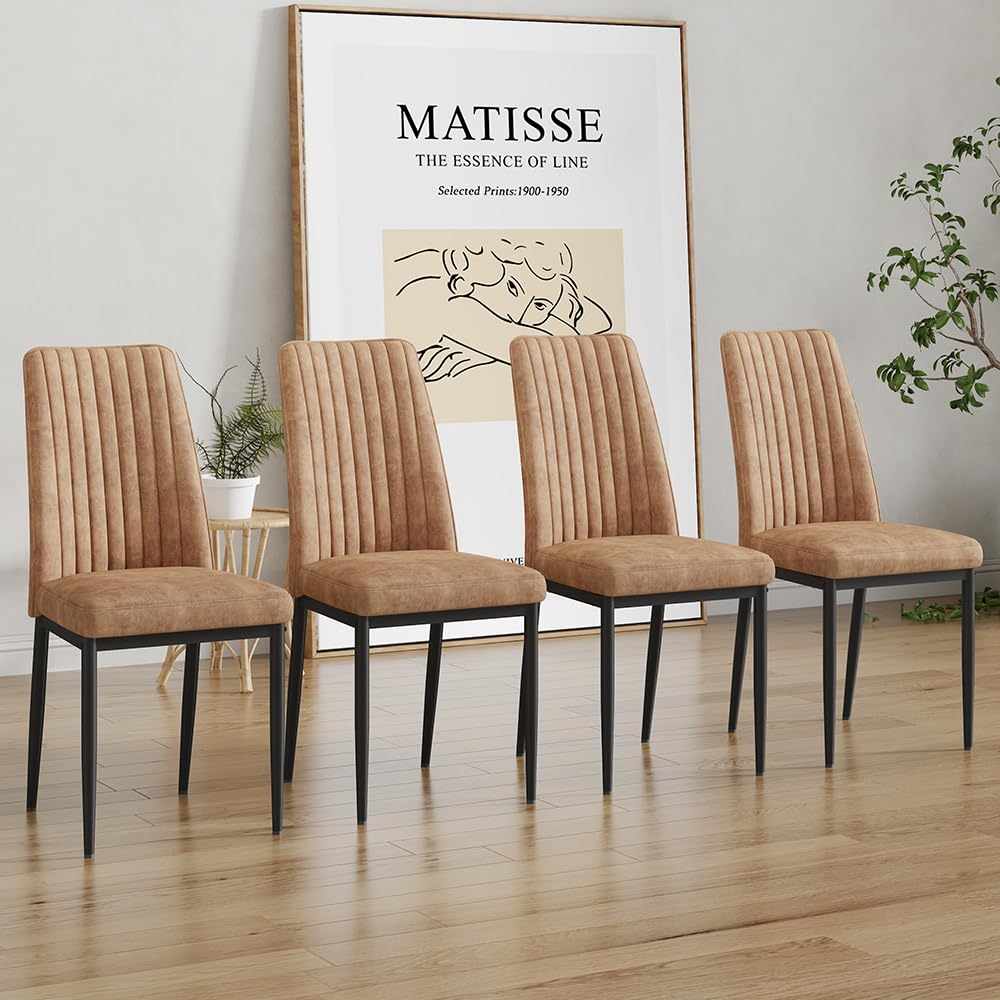 Rdueei Modern Dining Room Chairs Brown, Metal Chairs Set Of 4 With Leathaire Fabric And Chrome Leg High Back, Metal Kitchen Sill