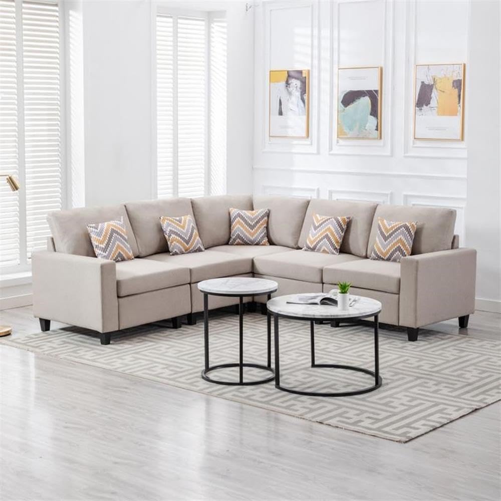 Lilola Home Nolan Beige Linen Fabric 5Pc Reversible Sectional Sofa with Pillows and Interchangeable Legs