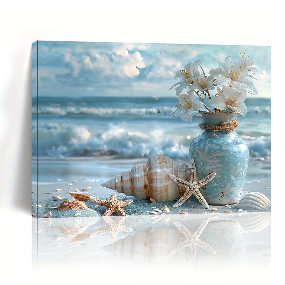 KACHI PENCIL Coastal Beach Charm: 29.97cm x 39.88cm Wooden Framed Canvas Art with Flower, Starfish & Shell  Perfect for Living