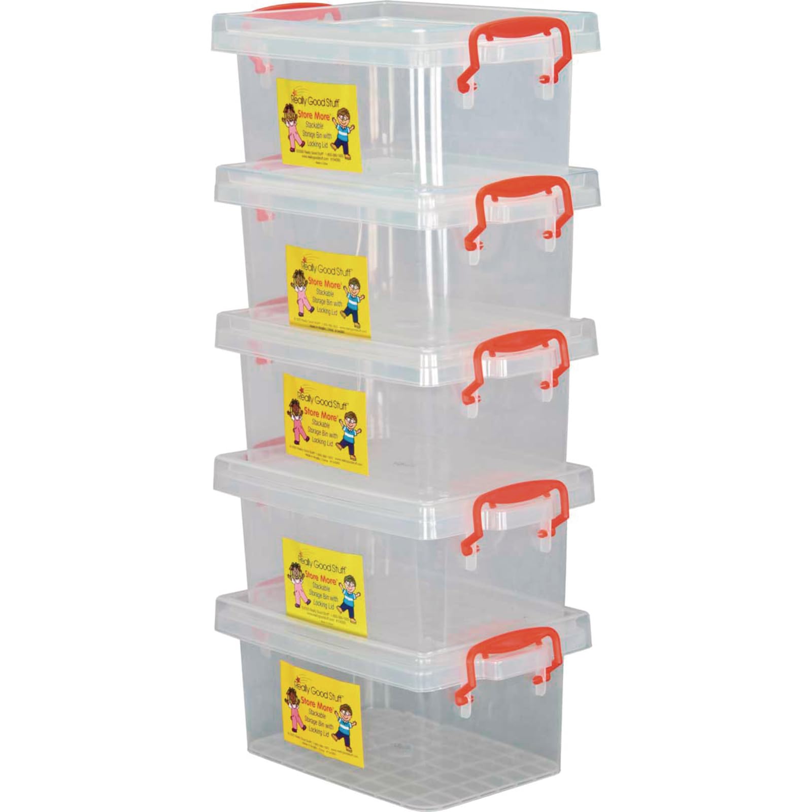 Really Good Stuff Small Clear Plastic Stackable Storage Tubs With Locking Lid - Red Handles Lock Lid In Place - Hold Supplies, M