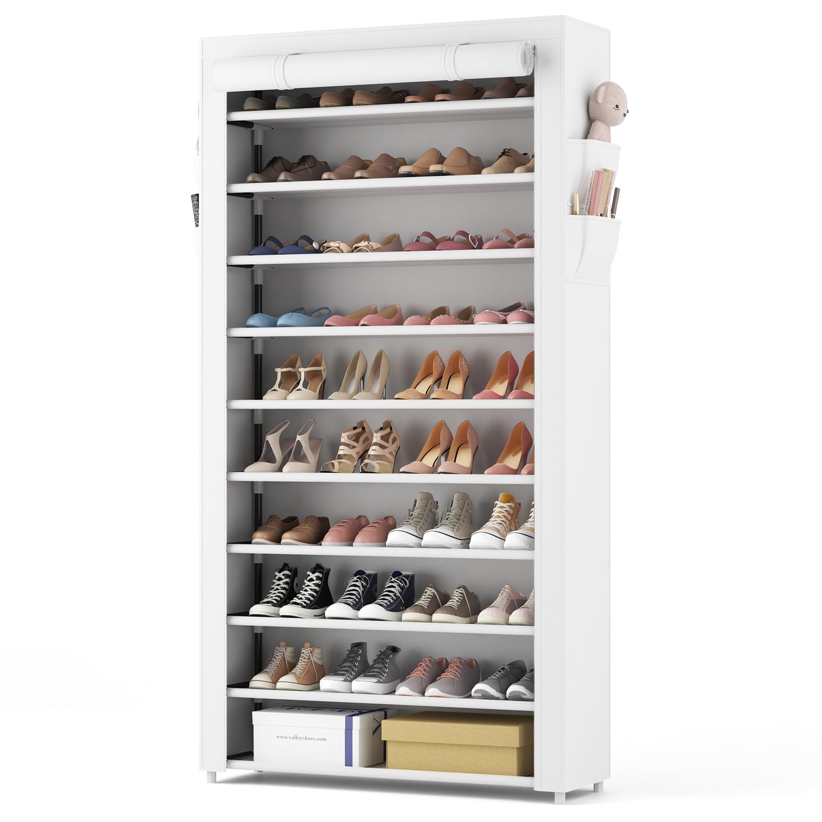 Rojasop Shoe Rack With Covers 10 Tier Large Shoe Organizer Tall Shoe Closet Storage For 50-55 Pairs Shoe And Boot, Free Standing Shoe Rack Organizer For Closet, Entryway, Bedroom, White
