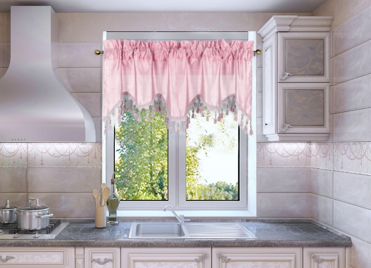 Solid Faux Silk Swag Waterfall Cascade Ascot Window Curtain Valance W/Tassels Trim 55' X18' Wave (1, Pink)