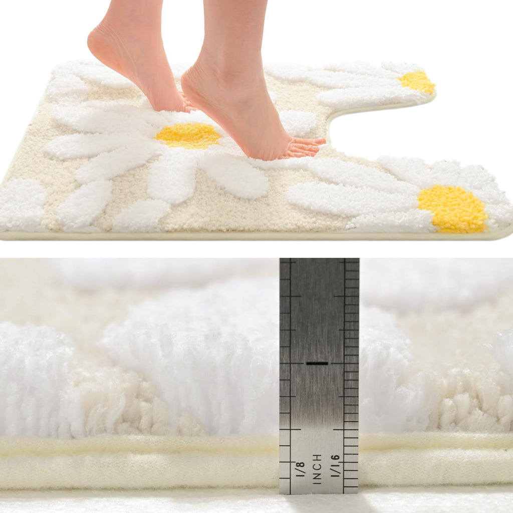 Qjhomo Toilet Rugs U Shaped, Beige Toilet Mat Cute Daisy Contour Bath Rug, Thick Soft Machine Washable Toilet Carpet, Non Slip B