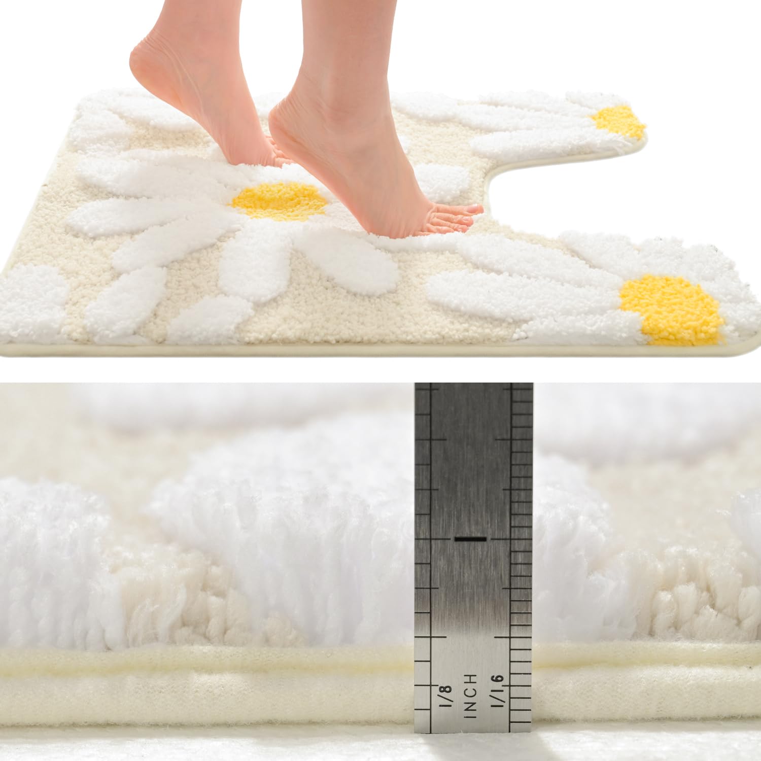 Qjhomo Toilet Rugs U Shaped, Beige Toilet Mat Cute Daisy Contour Bath Rug, Thick Soft Machine Washable Toilet Carpet, Non Slip B