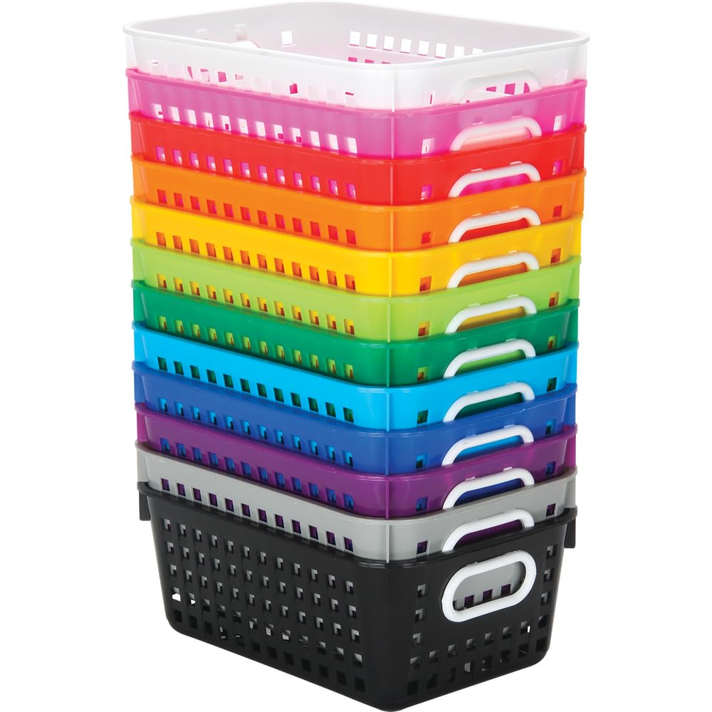 Really Good Stuff Medium Plastic Book Baskets, 11' By 7?' By 4?' - 12 Pack, Rainbow | Versatile Storage Solution For Classroo