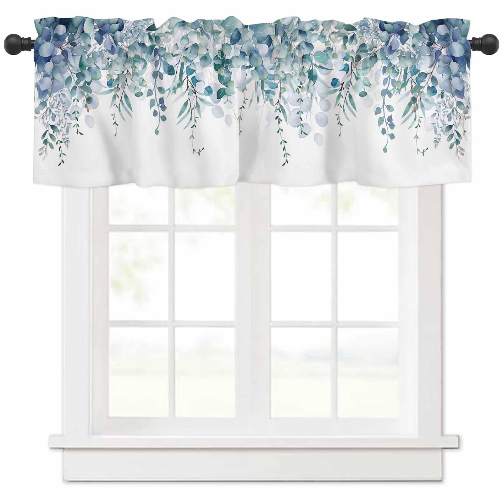 Curtain Valance For Windows Blue Eucalyptus Rod Pocket Valance Window Treatments 1 Panel Watercolor Leaves Short Curtains For Ki