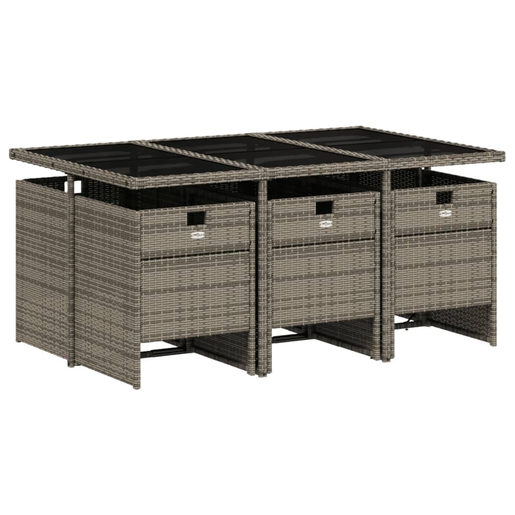 vidaXL Patio Dining Set with Cushions - 7 Piece Gray Poly Rattan Outdoor Furniture for Garden, Backyard, Patio - Foldable Chairs, Tempered Glass Tabletop, Space-Saving Design