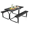 ORALNER Picnic Table, Resin Dining Table & 2 Benches Set, Weather Resistant Wood Grain Tabletop & Steel Frame, Plastic Picnic Ta