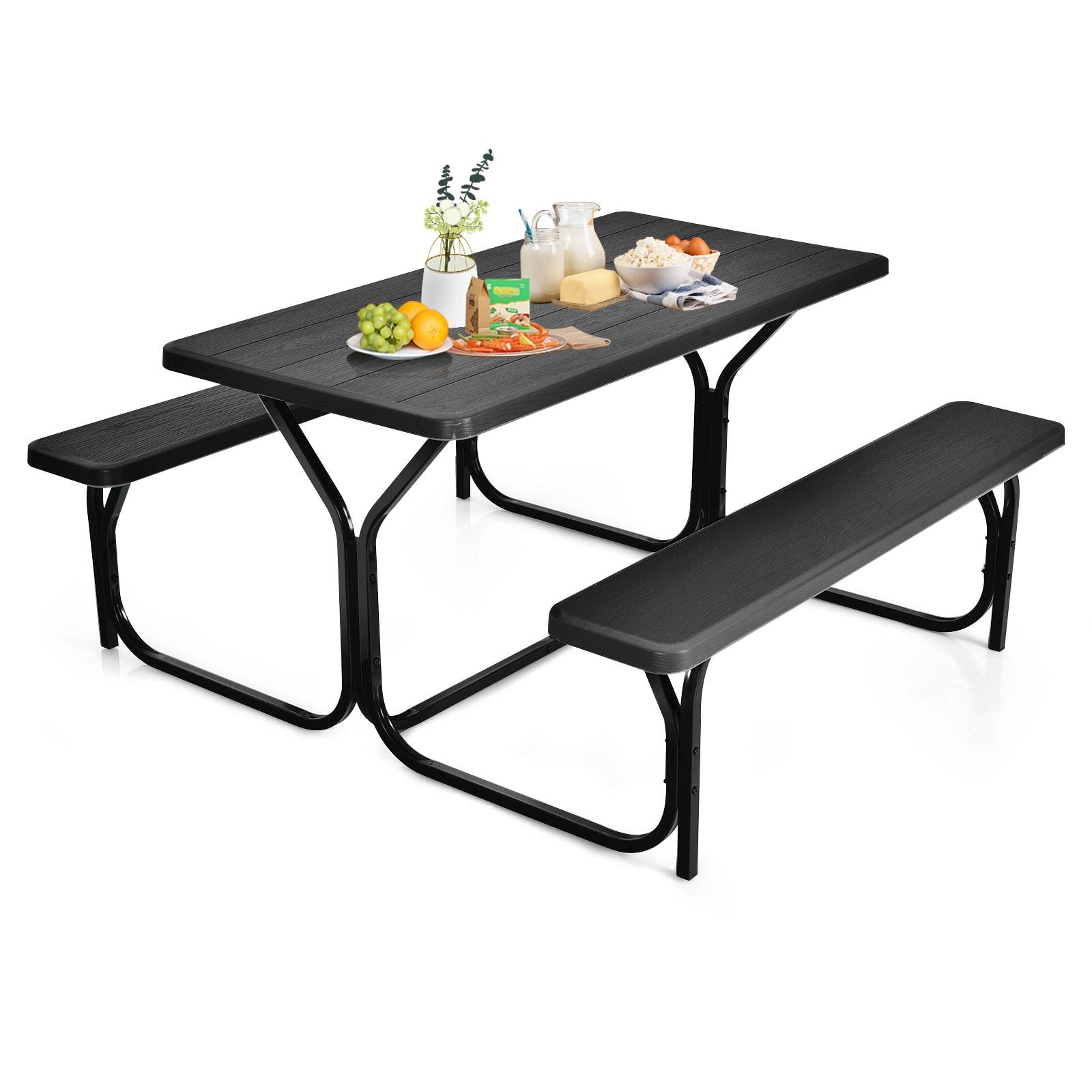 ORALNER Picnic Table, Resin Dining Table & 2 Benches Set, Weather Resistant Wood Grain Tabletop & Steel Frame, Plastic Picnic Ta