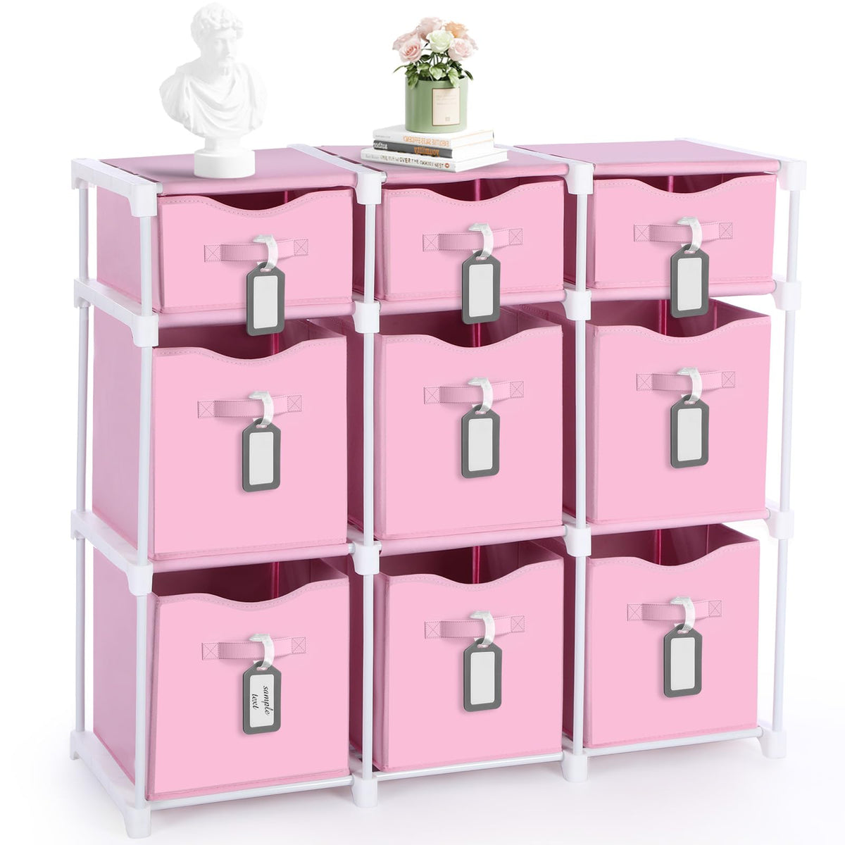 Fiwochic 9 Cube Storage Organizer Shelf with Storage Bins and Label, Pink