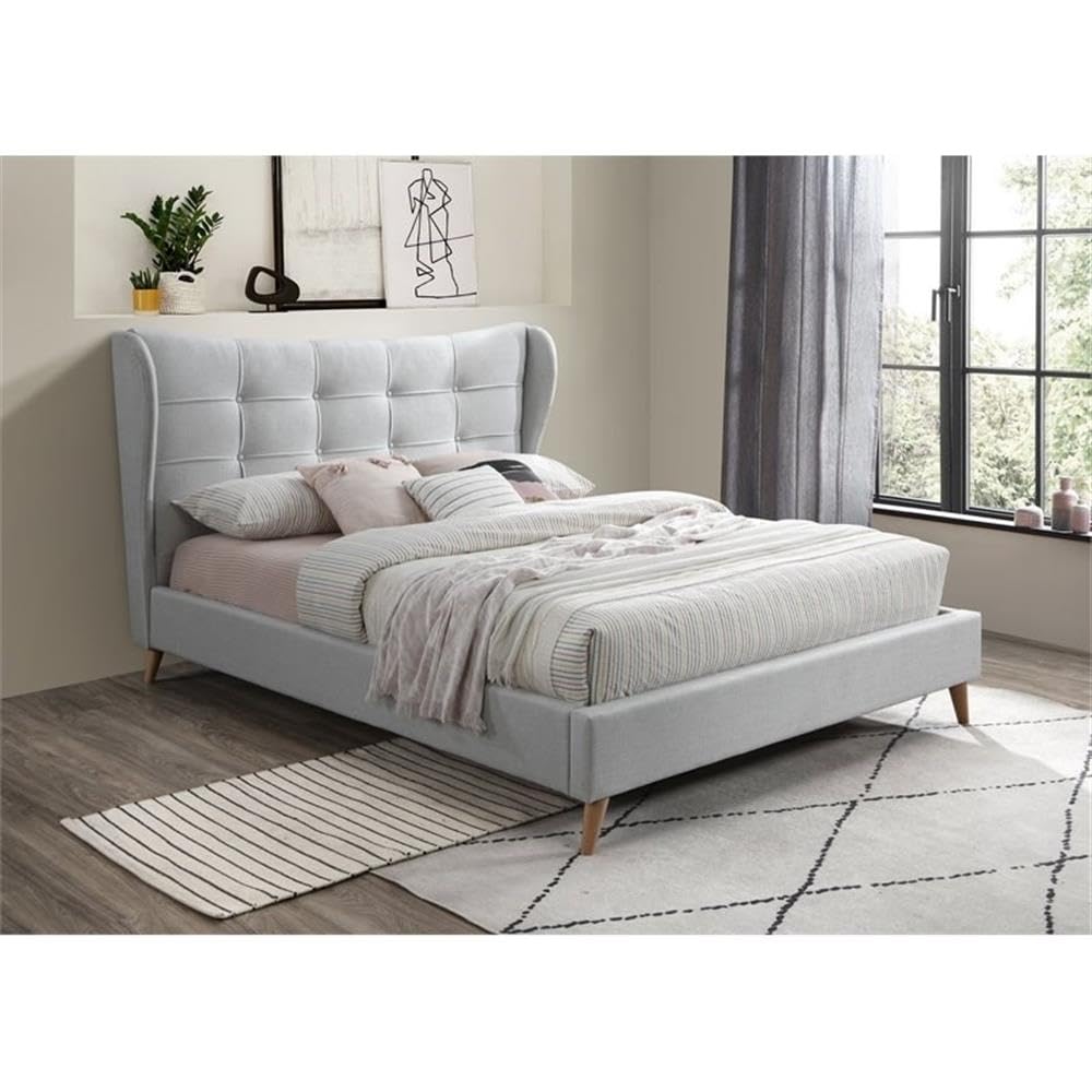 Acme Duran Button Tufted Fabric Eastern King Platform Bed in Light Gray