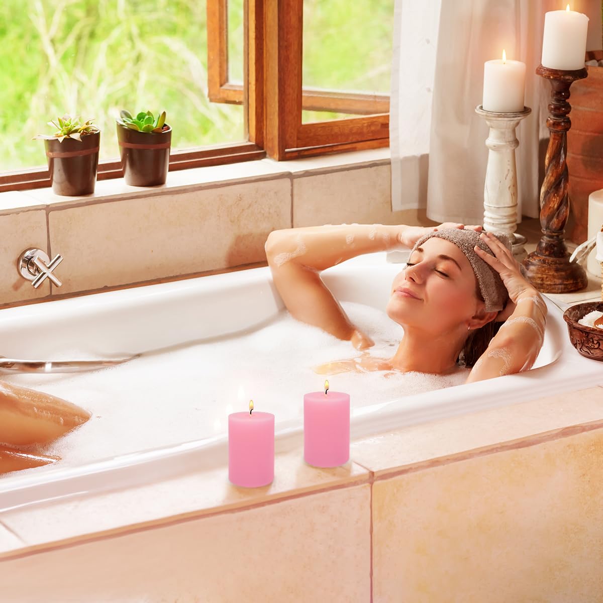 Amusaer 2X3 Inch Pink Pillar Candles Small 24 Hours Unscented Dripless Flat Top Column Cylinder Candles For Dinner Table Christm