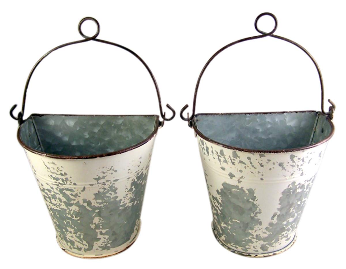 Primitive Galvanized Half Round Bucket Wall Planters, 6 3/4 Inches