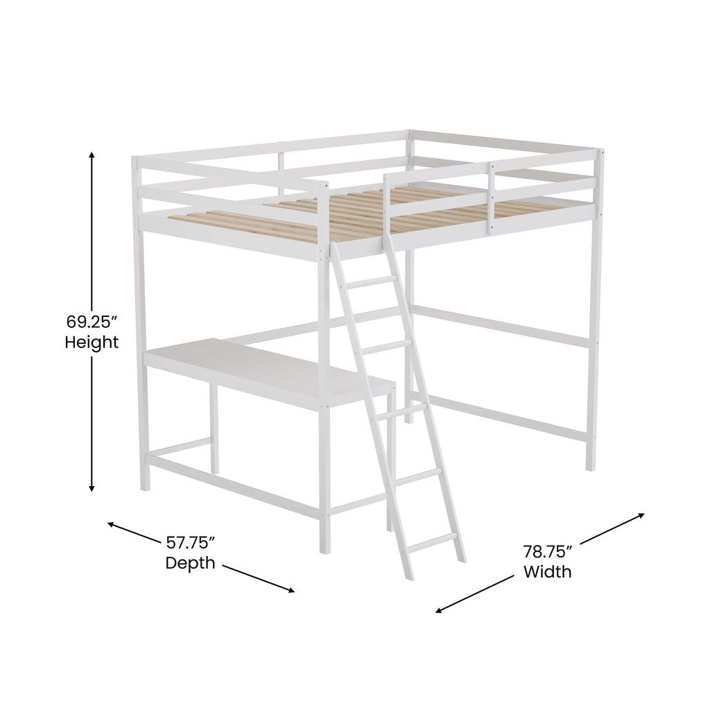 Flash Furniture Riley Loft Bed Frame With Desk - White Wood Slats - Full Size - Protective Guard Rails & Ladder - Kids And Teens - Space Saving Design