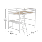 Flash Furniture Riley Loft Bed Frame With Desk - White Wood Slats - Full Size - Protective Guard Rails & Ladder - Kids And Teens - Space Saving Design