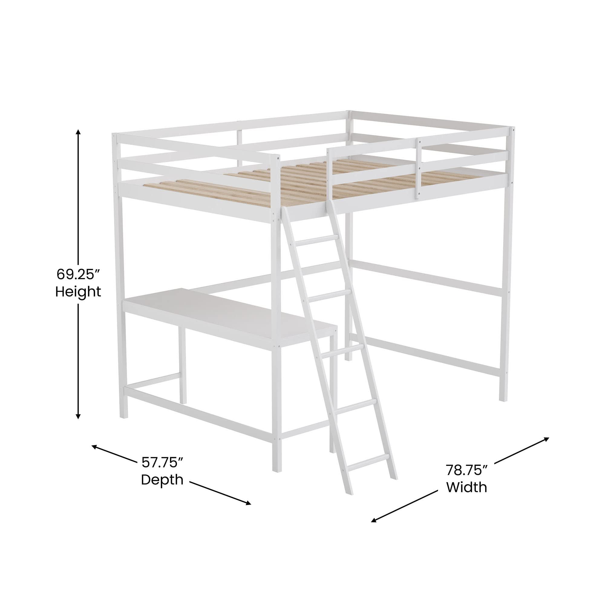 Flash Furniture Riley Loft Bed Frame With Desk - White Wood Slats - Full Size - Protective Guard Rails & Ladder - Kids And Teens - Space Saving Design