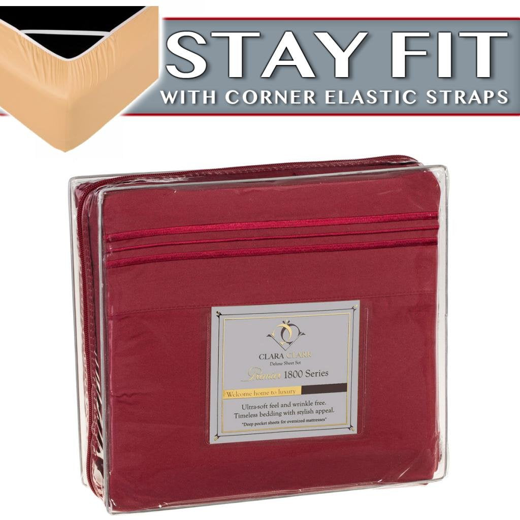 Clara Clark 1800 Series Bed Sheet Sets - Stay Fit On Mattress With Elastic Straps At Corners - Queen, Burgundy Red
