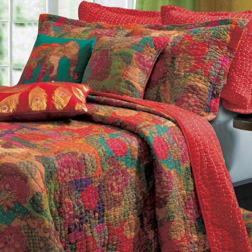 Tropical Red Floral Reversible Cotton 5 Piece King Size Bedding Quilt Set With Pillows - Includes Bed Sheet Grippers Straps