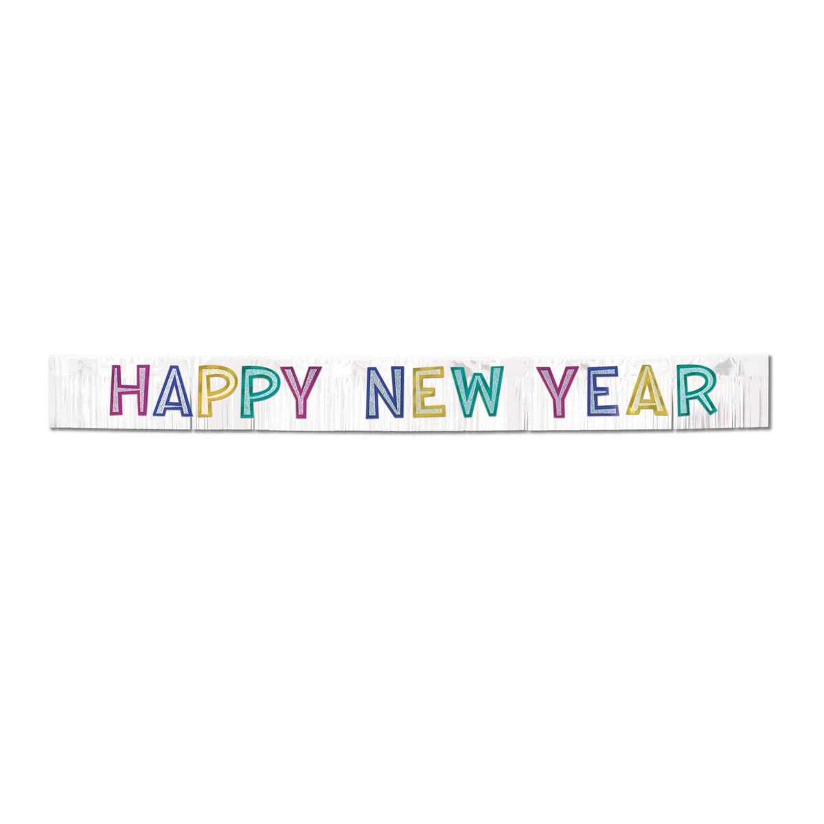 Metallic Happy New Year Banner (White W/Silver Gltrd Asstd Color Ltrs) Party Accessory  (1 Count) (1/Pkg)