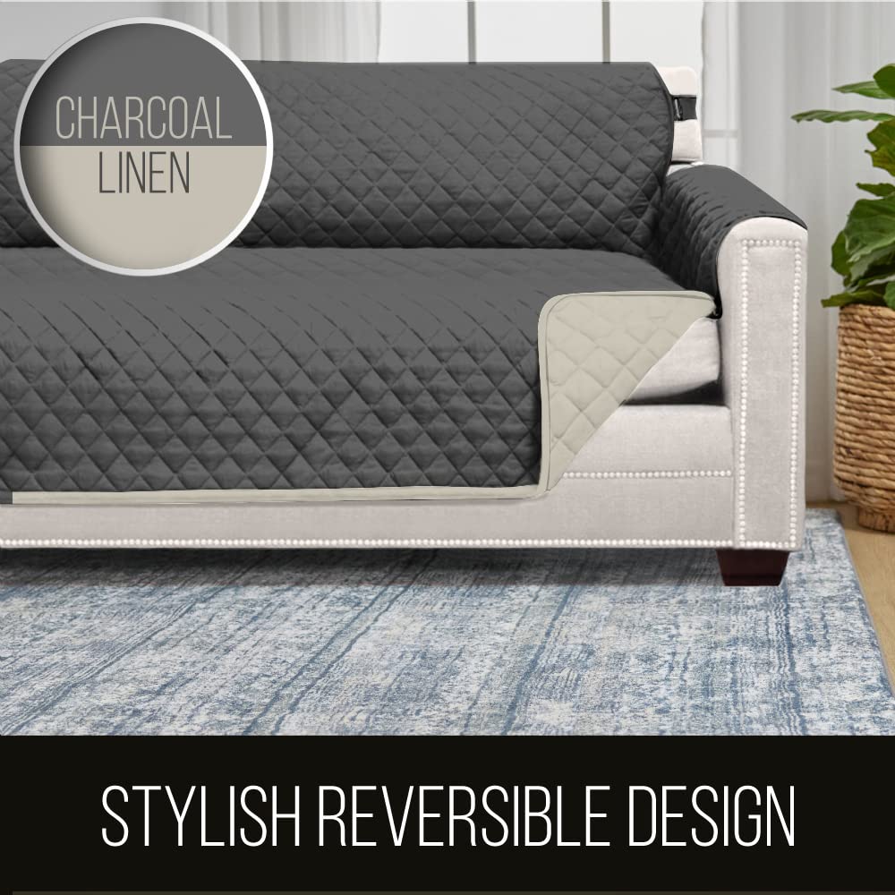 Sofa Shield Patented Couch Slip Cover, Large Cushion Protector, Reversible Stain And Dog Tear Resistant Slipcover, Quilted Microfiber 70” Seat, Washable Covers For Dogs Pets Kids, Charcoal