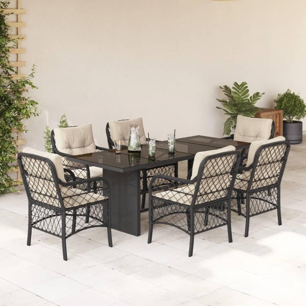 vidaXL 7 Piece Patio Dining Set - Black Rattan & Steel with Cushions - Glass Top Table for Garden/Backyard/Patio - Weather-Resistant