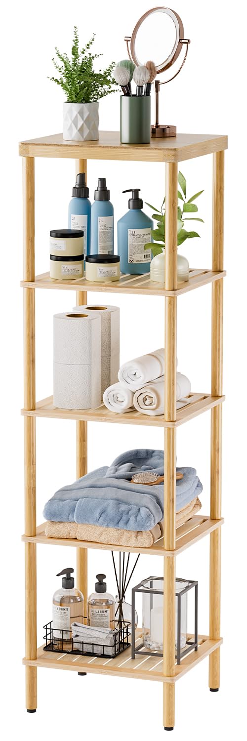 Amazerbath 5-Tier Bamboo Bathroom Shelf, Bathroom Standing Shelves, Multifunctional Shelving Unit For Living Room Bedroom Kitchen, Natural Color