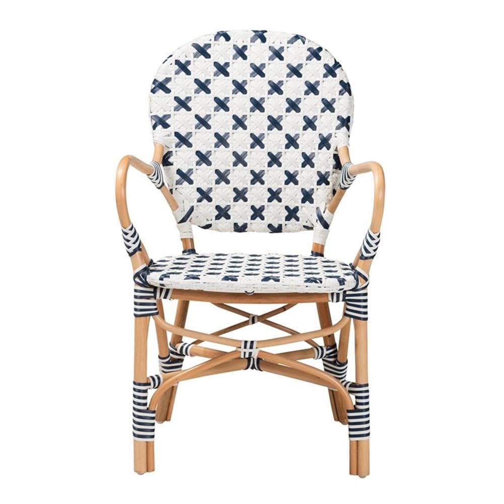 Baxton Studio Bryson Modern French Blue and White Weaving and Natural Rattan Bistro Chair
