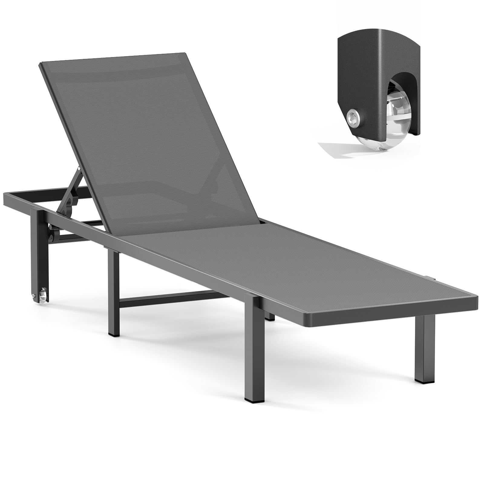 Aluminum Chaise Lounge Chair Outdoor With Wheels, Patio Lounge Chair With Adjustable 5-Position Recliner And Full Flat Tanning Chair For Patio, Beach, Pool, Grey