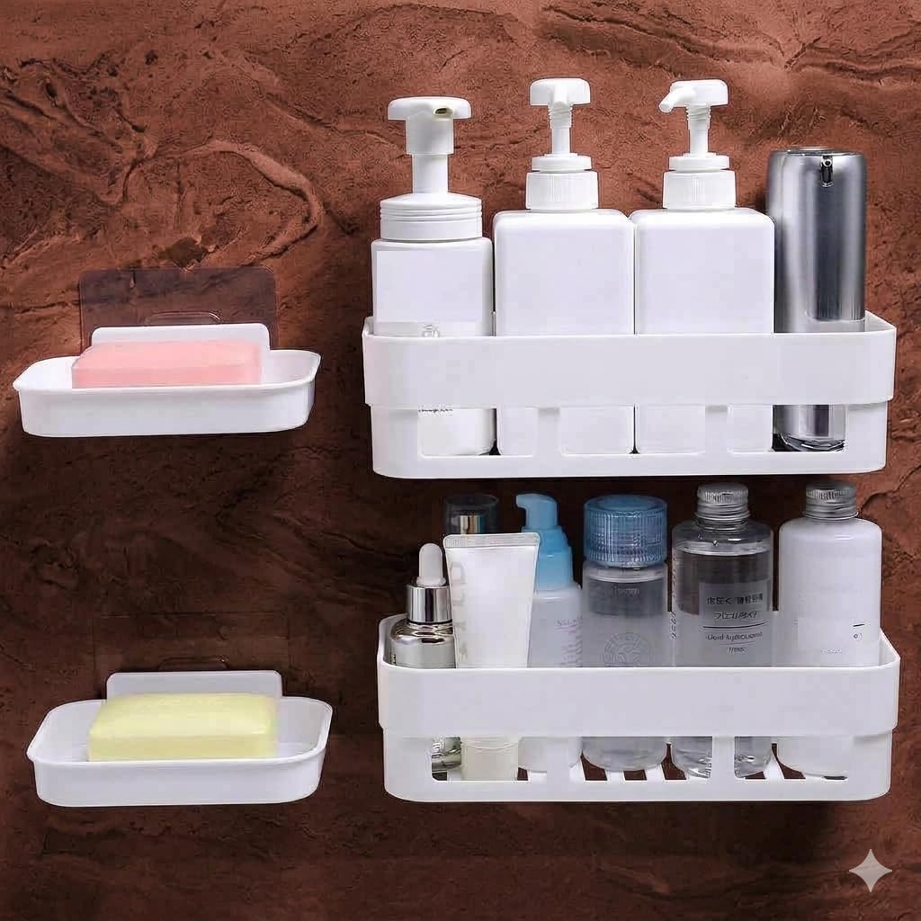 Impexzon SelfAdhesive WallMounted Bathroom Shelf Organiser, 4 Rectangular Shelves And 4 Soap Dish Holders, Waterproof, RustFr