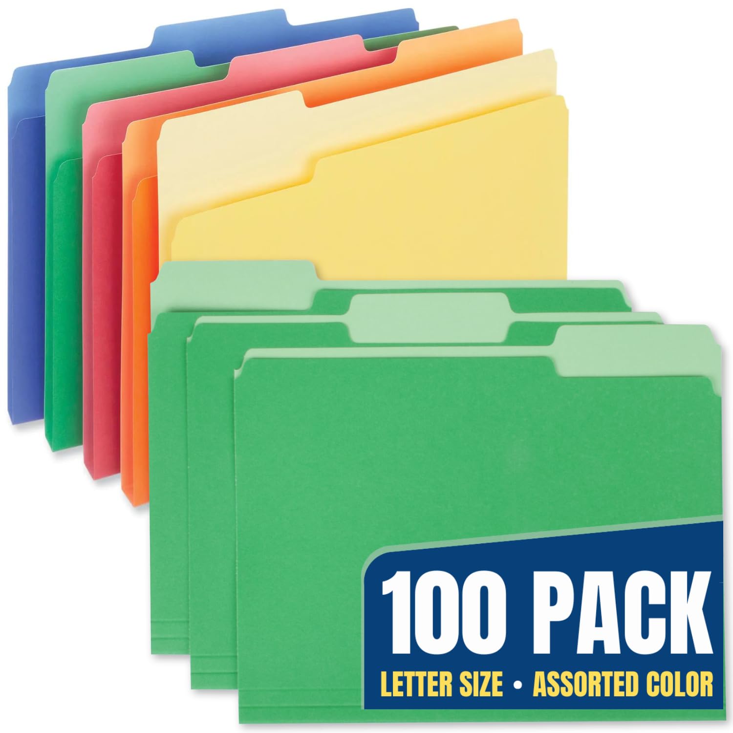 1Intheoffice Colored File Folders Letter Size, 1/3 Cut Tab, Assorted Colors, 100 Pack