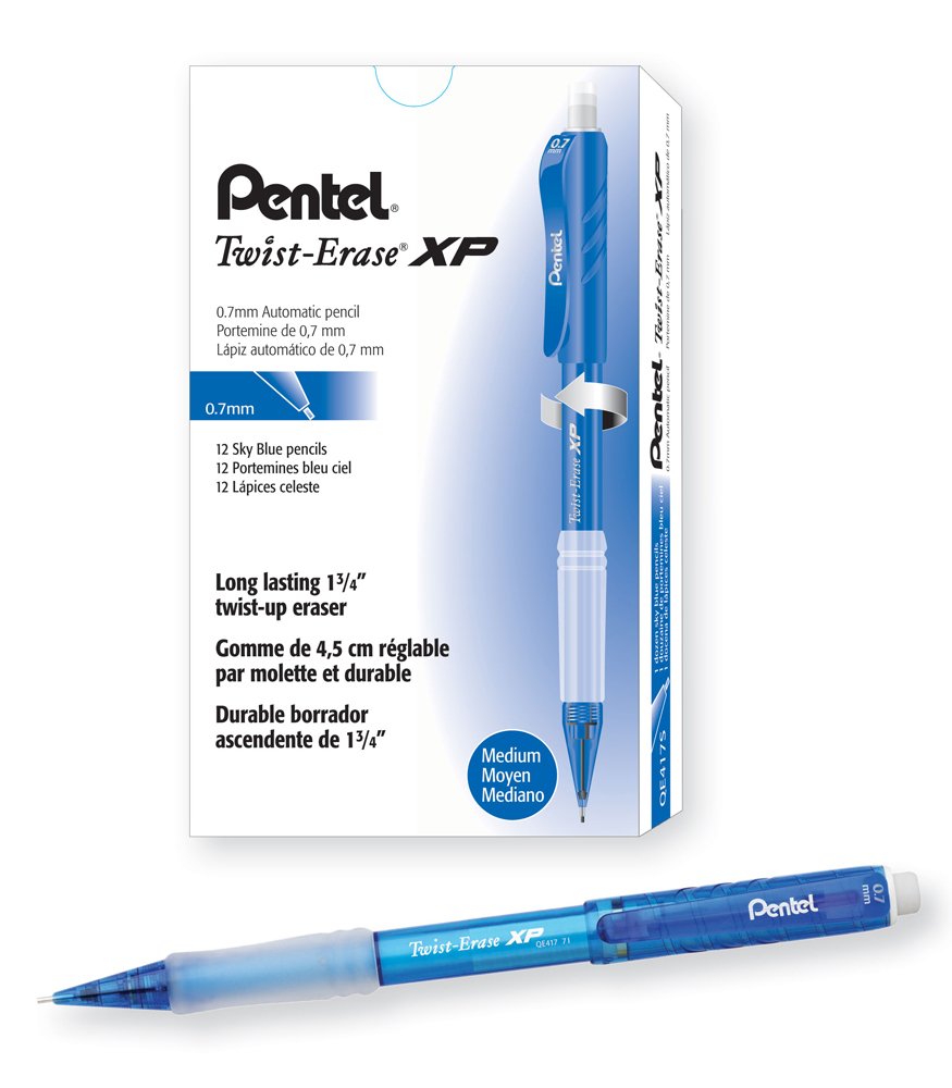 Pentel Twist Erase Express Automatic Pencil, 0.7Mm Lead Size, Sky Blue Barrel, Box Of 12 (Qe417S)