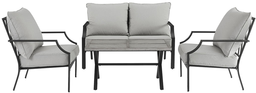 Crosley Furniture Otto 4-Piece Chevron Outdoor Loveseat Patio Furniture Set, Conversation Sets for Porch, Matte Black with Gray Cushions