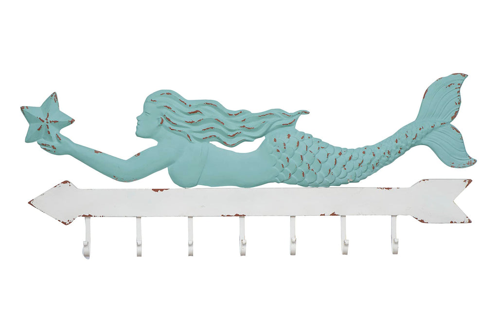 Creative Co-Op Aqua & White Metal Mermaid Wall D  cor with 7 Hooks, 16 Inch Long