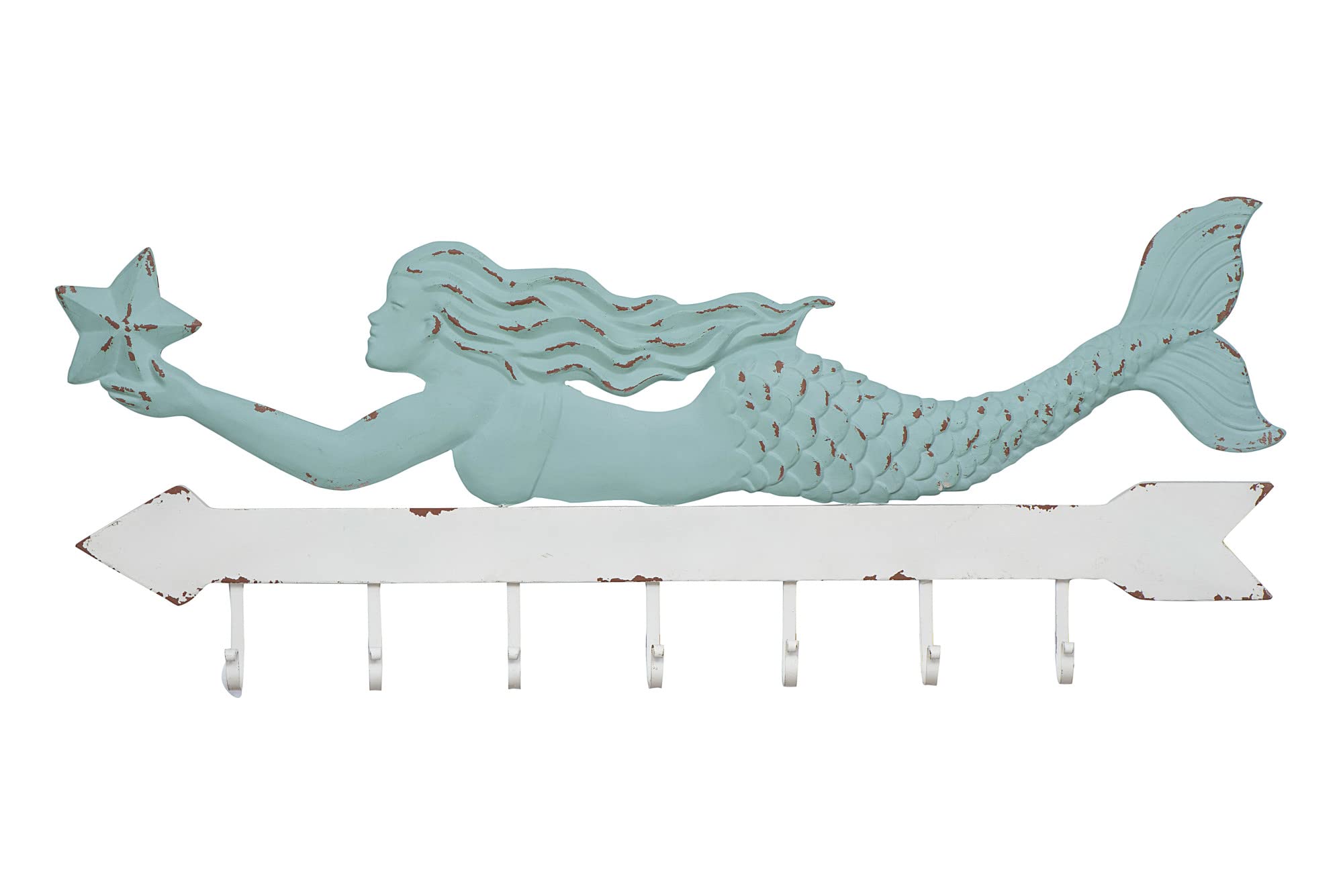 Creative Co-Op Aqua & White Metal Mermaid Wall D  cor with 7 Hooks, 16 Inch Long
